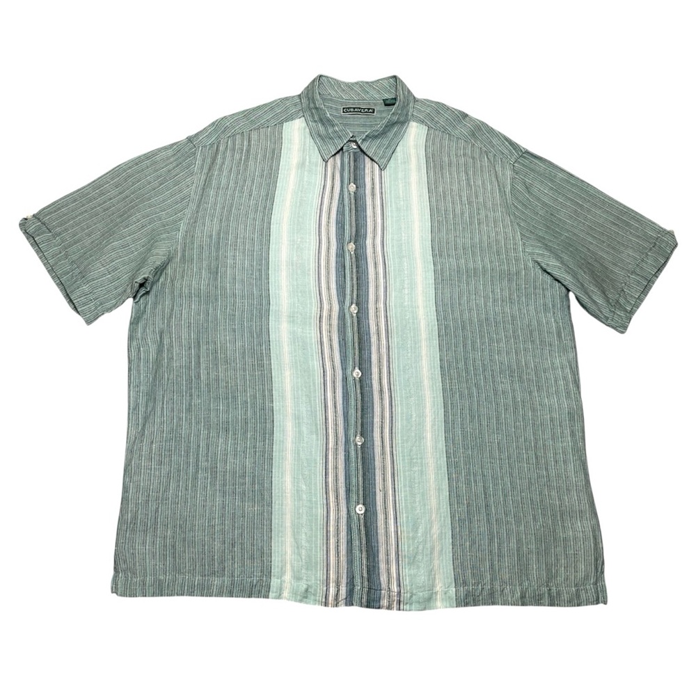 Cubavera Men's Green Striped Button Up Linen Blend Camp Shirt size XL